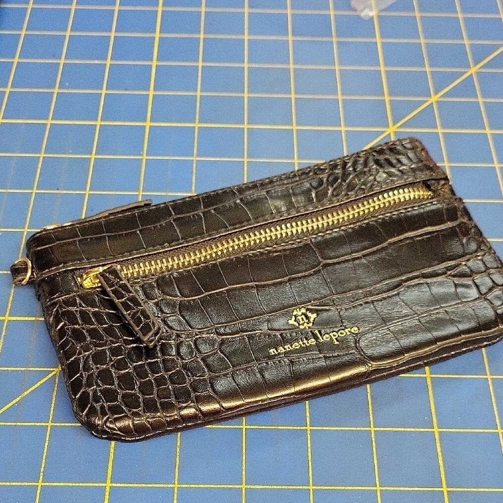 Nanette Lepore Black Crocodile Embossed 7.5" x 4.5" x 0.5" Zip Bag